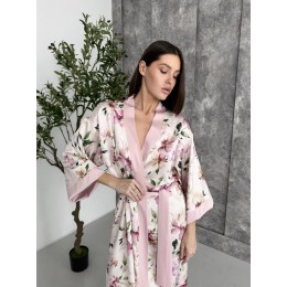 Жіночий халат кімоно довгий Morning Bloom рожеві квіти на молочному