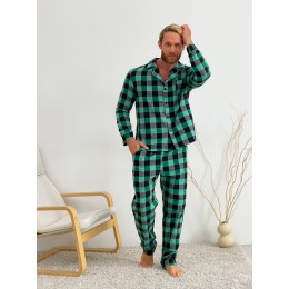 Піжама чоловіча COSY з фланелі (штани+сорочка) клітина зелено/чорна Піжама чоловіча COSY з фланелі (штани+сорочка) клітина зелено/чорна