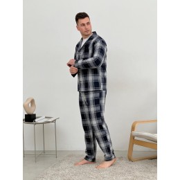 Піжама чоловіча COSY з фланелі (штани+сорочка+футболка) клітина темно-синій/сірий Піжама чоловіча COSY з фланелі (штани+сорочка+футболка) клітина темно-синій/сірий