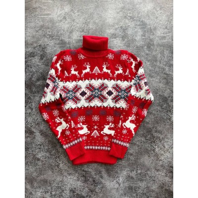 Теплий светр M-XXL "Олень в узорі" червоний D-025