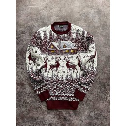 Теплий светр M-5XL "Будинок з оленнями без горла" бордовий D-045 Теплий светр M-5XL "Будинок з оленнями без горла" бордовий D-045