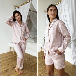 Піжамний комплект 3-ка з сатину (сорочка+штани+шорти) Pearl COSY пильна пудра Піжамний комплект 3-ка з сатину (сорочка+штани+шорти) Pearl COSY пильна пудра